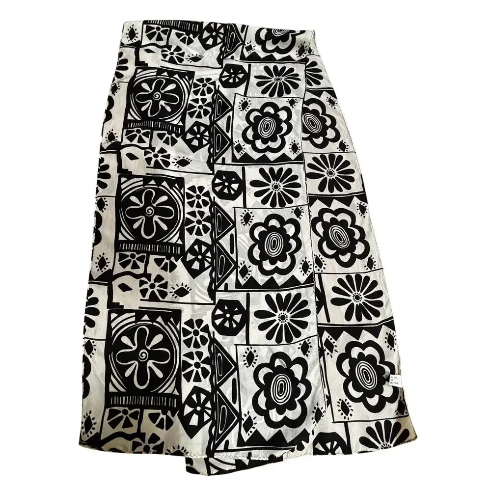 Vintage Korea Silk Scarf Art to Wear Black & white mod 60s 70s floral print